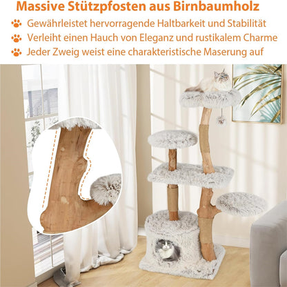Krabpaal Kat – Krabboom Katten – Kattenmeubel – Klimpaal Kat – Kattenboom – 135 cm Hoog – Massief Houten Frame Met Jute Krabposts – Zacht Plush Zitgedeelte Wit