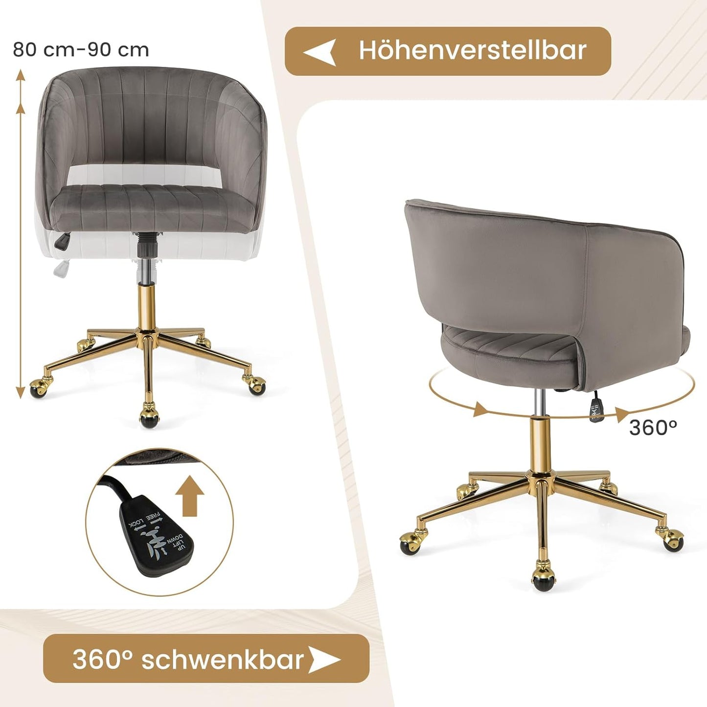 Make-up Stoel – Kaptafel Kruk – Draaistoel – Bureaustoel – Visagie Kruk – Fluwelen Bekleding – Verstelbare Zithoogte – 360° Draaibaar Met Wieltjes