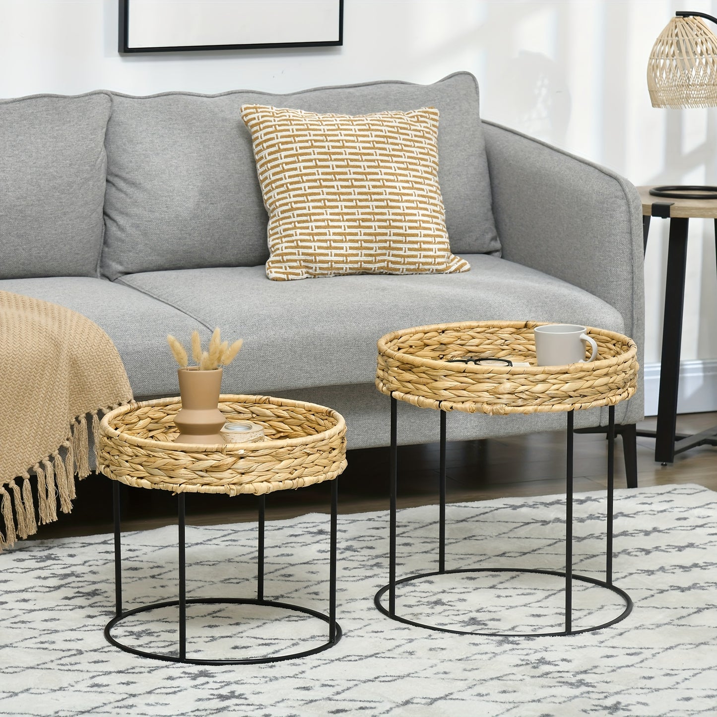 Salontafel – Bijzettafel – Koffietafel – Tafeltje – Bohemien – Set Van 2 – Hyacintvezel Tafelblad – Stevig Stalen Onderstel