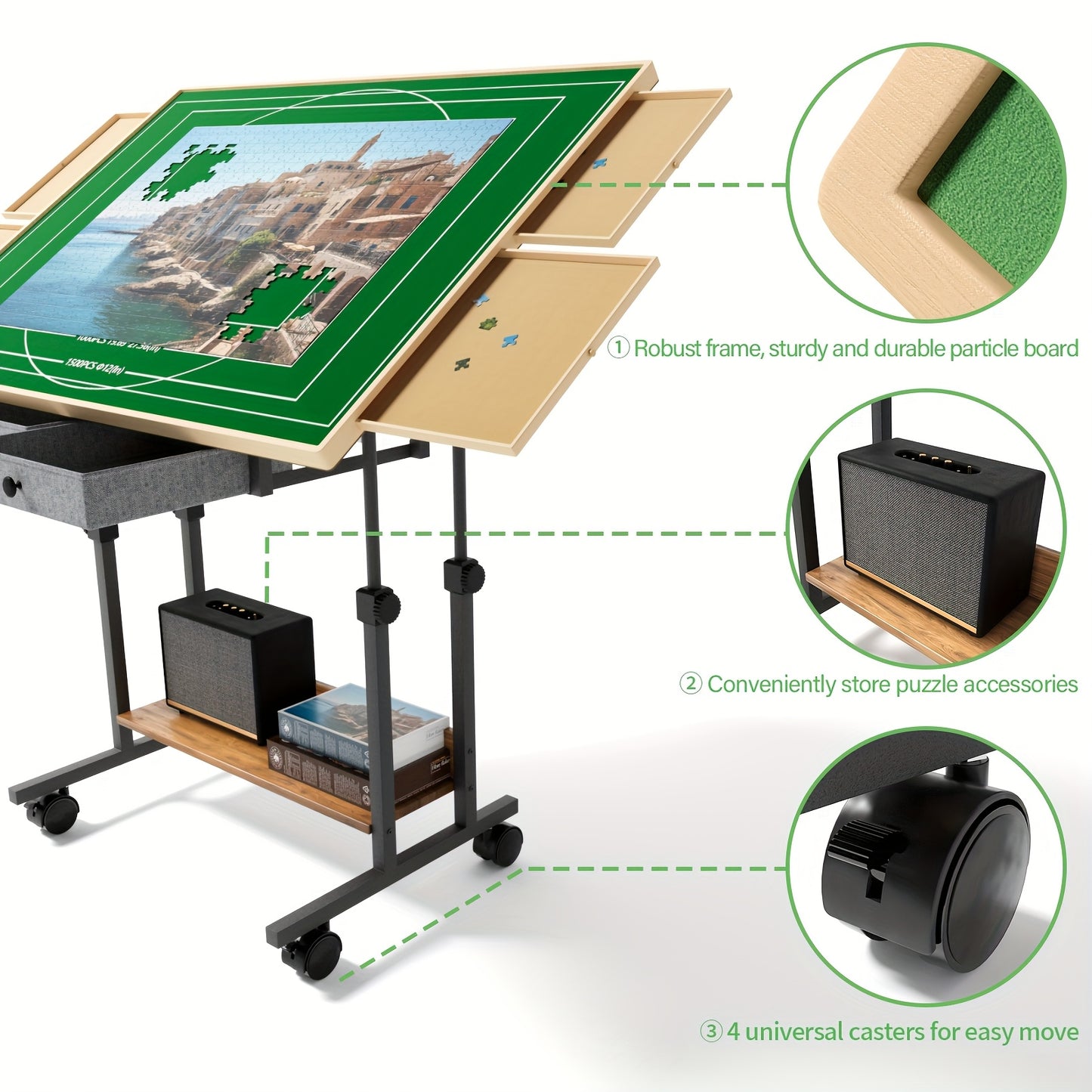 Puzzeltafel – Knutseltafel – Hobbytafel – Schaaktafel – Speeltafel – Verstelbare Hoogte – 5 Kantelstanden – 88,9 x 66 cm – 6 Opberglades – Houten Oppervlak