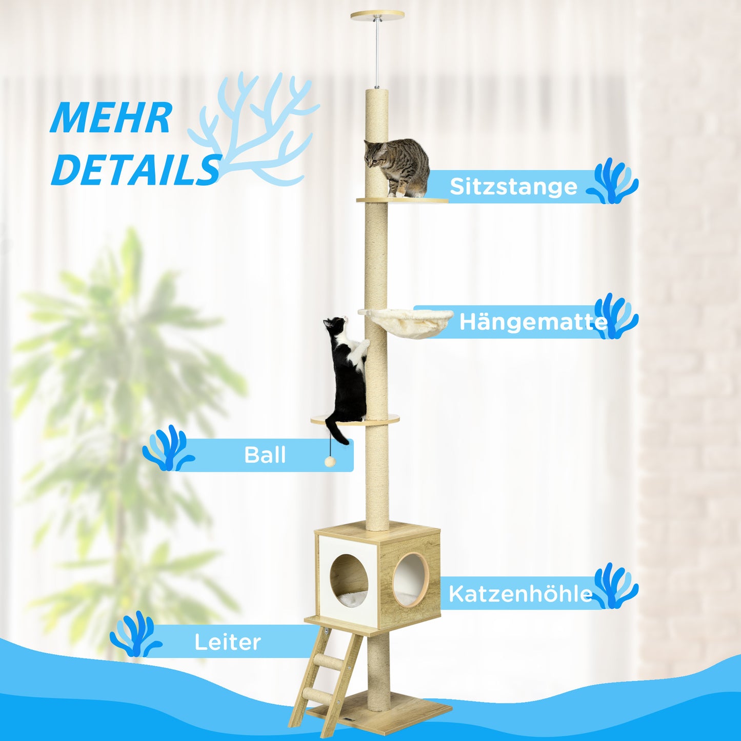 Krabpaal – Krabmeubel – Klimpaal – Kattenhuis – Hangmat – Lichtbruin en Beige – 260 cm Hoogte – Plafondbevestiging voor Extra Stabiliteit