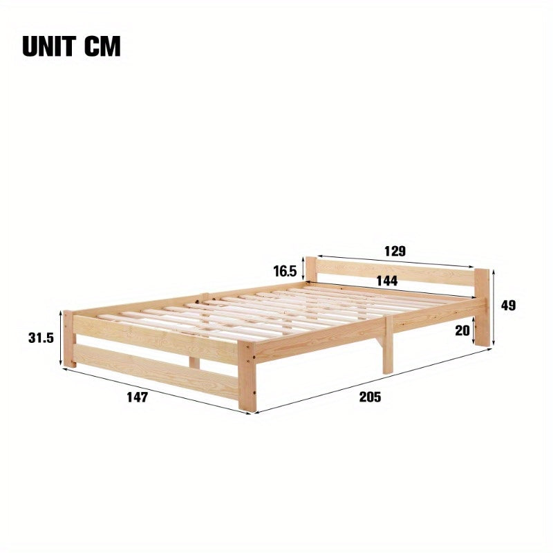 Massief Houten Bedframe – Futon Bed – Platformbed – Slaapbank – Boxspringframe – Met Hoofdbord – Met Lattenbodem – Naturel Afwerking – 200x140 cm Queen Size – Scandinavisch Minimalistisch Design