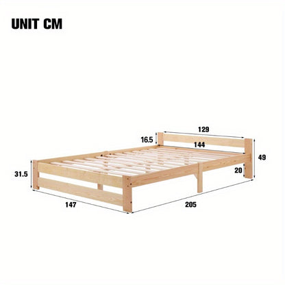 Massief Houten Bedframe – Futon Bed – Platformbed – Slaapbank – Boxspringframe – Met Hoofdbord – Met Lattenbodem – Naturel Afwerking – 200x140 cm Queen Size – Scandinavisch Minimalistisch Design
