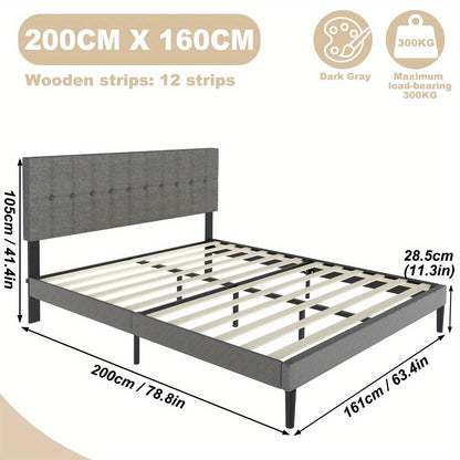 Bedframe – Bed – Eenpersoonsbed – Tweepersoonsbed – Slaapbank – Lichtgrijs Linnen Bekleding – Gepolsterd Hoofdeinde – Robuuste Houten Constructie 160x200 cm