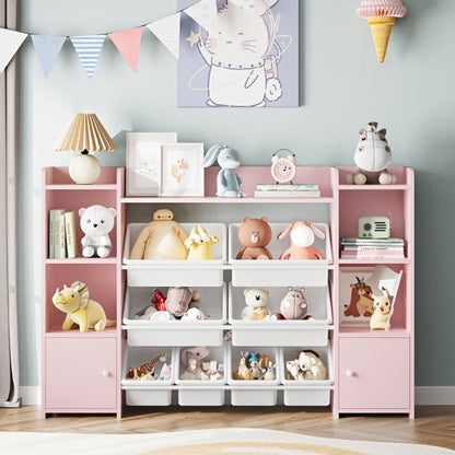 Speelgoedkast – Opbergkast – Kinderkast – Boekenkast – Opbergmeubel – Wit MDF – 138x94x29 cm – 8 Uittrekbare Bakken – Tip-Over Bescherming