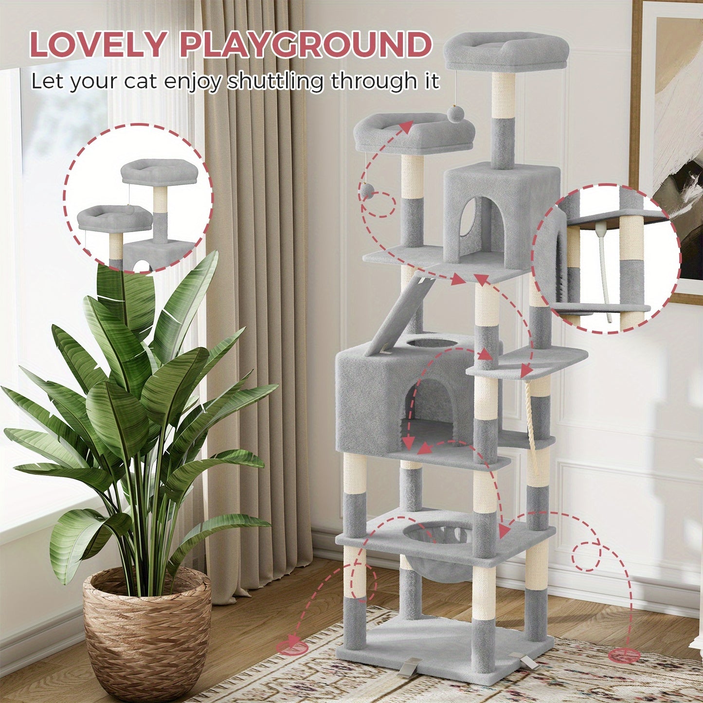 Dogat Large Cat Tree, XXL Cat Scratching Post, Large, Tilt-Proof with 3 Exclusive Reinforcement Clips, 208cm High, 16 Scratching Posts, Cat House And Hammock, Scratching Board