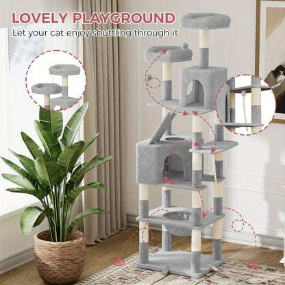 Dogat Large Cat Tree, XXL Cat Scratching Post, Large, Tilt-Proof with 3 Exclusive Reinforcement Clips, 208cm High, 16 Scratching Posts, Cat House And Hammock, Scratching Board