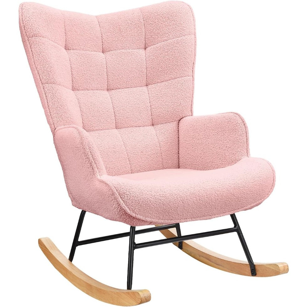 Schommelstoel – Schommelstoel Met Armleuning – Relaxstoel – Stoel Met Hoge Rugleuning – Teddy Bekleding Roze – Ergonomisch Design – Memory Foam Zitting
