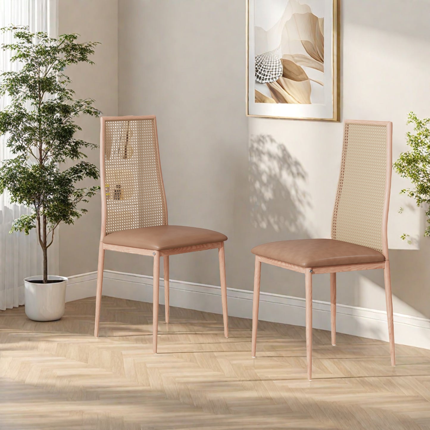 Rattan Eetkamerstoelen – Rotan Stoelen – Tuinstoelen – Keukenstoelen – Bistrostoelen – Mid-Century Modern Design – Weerbestendig Metalen Frame – Compacte Afmetingen 97,5x43x44 cm