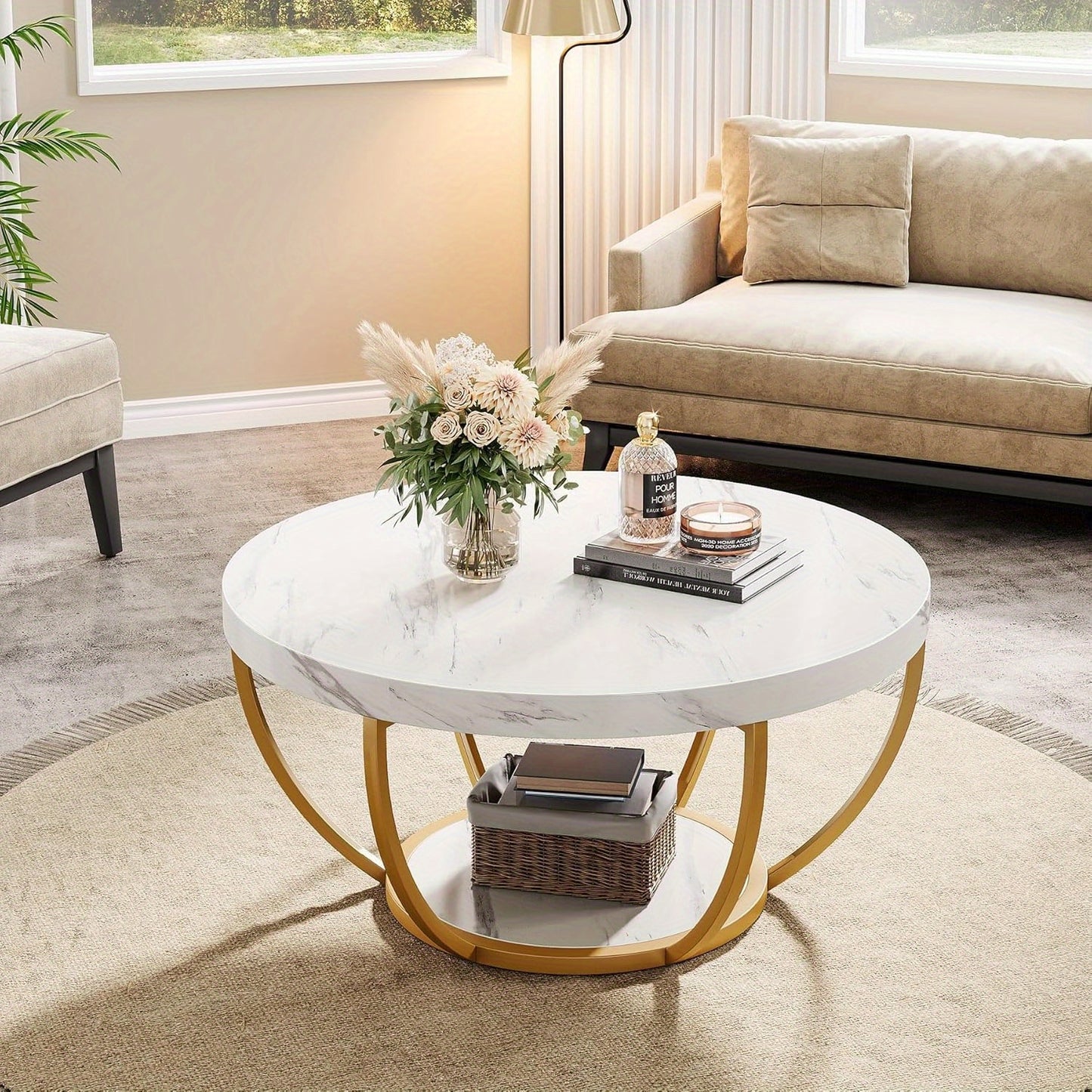 Salontafel – Koffietafel – Woonkamertafel – Bijzettafel – Tafel – Modern – Ronde 2-laags – Wit marmerlook MDF blad – Gouden metalen poten