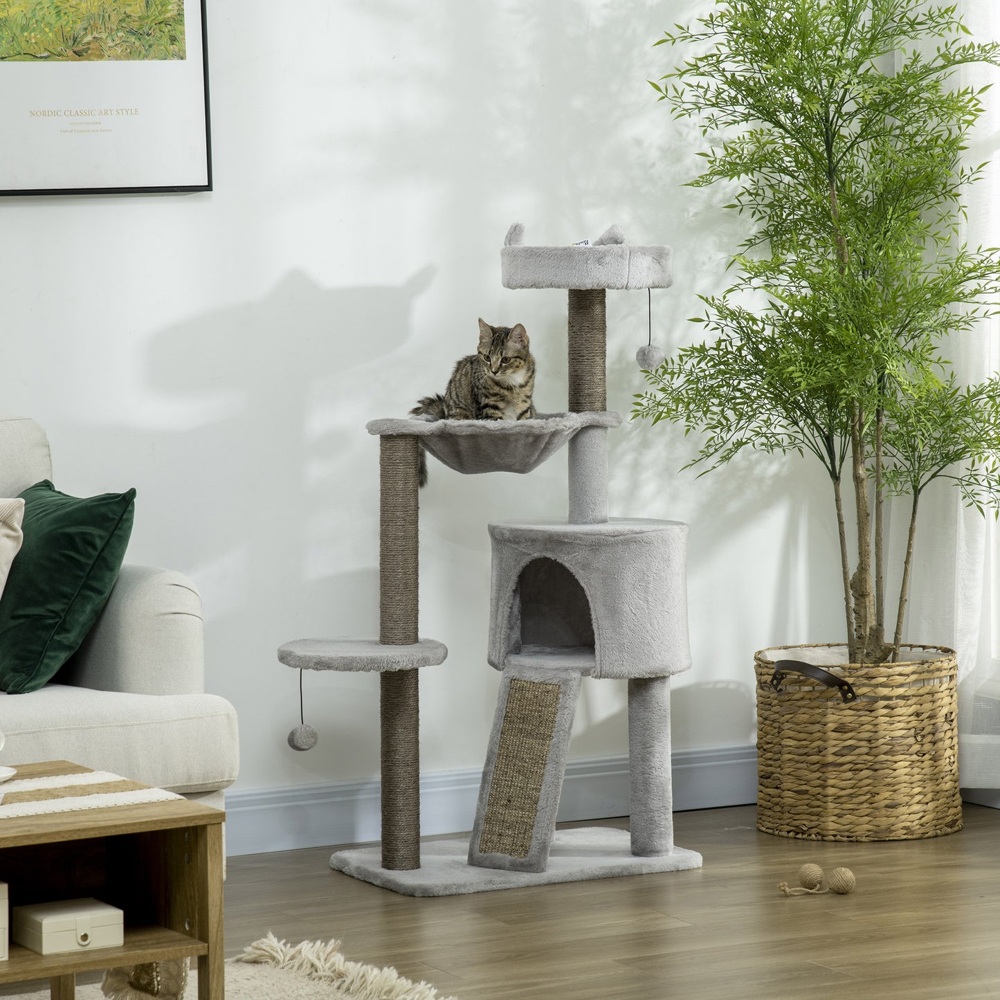 Krabpaal – Kattenkrabpaal – Katzenbaum – Krabmeubel – Kattenhuis – Inclusief Kattenhol En Hangmat – Compact 60x40x113 Cm – Lichtgrijs Met Sisal Touwen