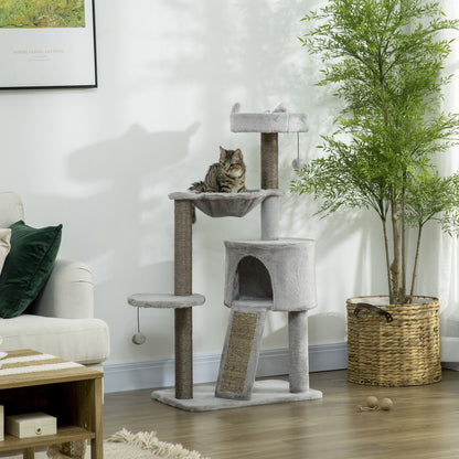 Krabpaal – Kattenkrabpaal – Katzenbaum – Krabmeubel – Kattenhuis – Inclusief Kattenhol En Hangmat – Compact 60x40x113 Cm – Lichtgrijs Met Sisal Touwen