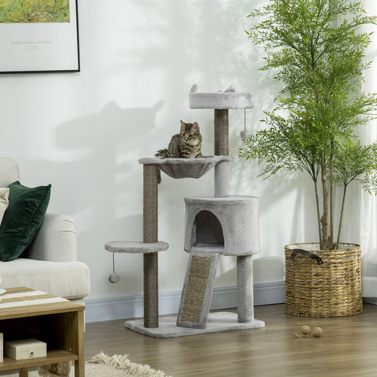 Krabpaal – Kattenkrabpaal – Katzenbaum – Krabmeubel – Kattenhuis – Inclusief Kattenhol En Hangmat – Compact 60x40x113 Cm – Lichtgrijs Met Sisal Touwen