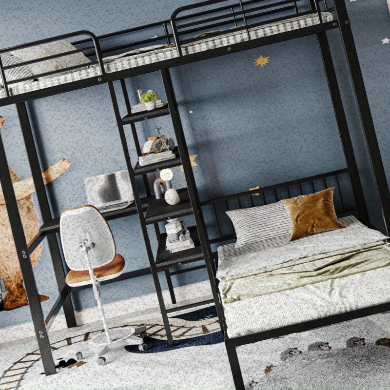 Stapelbed – Etagebed – Kinderbed – Hoogslaper – Kinderstapelbed – Met Bureau en Opbergruimte – Metalen Frame – 90x200 cm – Veiligheidshekken – Ladder – Zwart