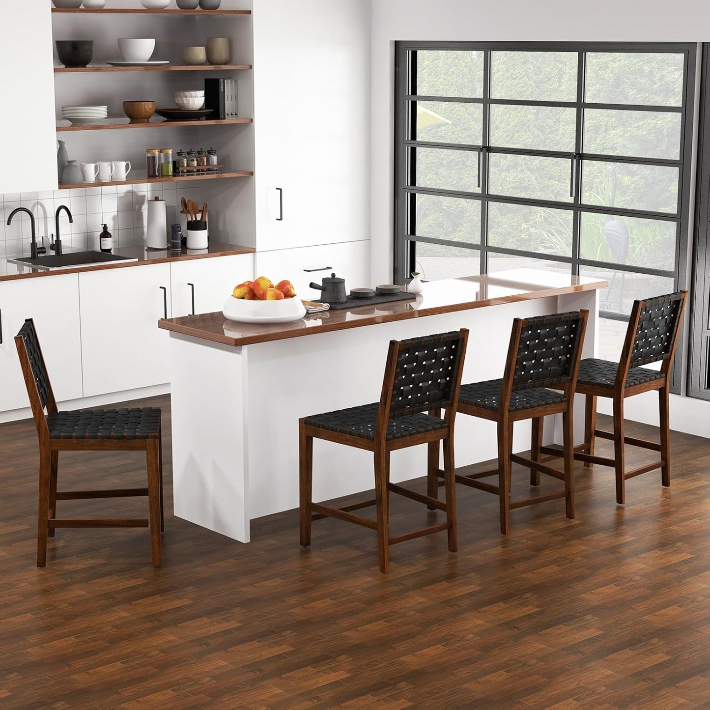 Eetkamerstoel – Keukenstoel – Bistrostoel – Stoel – Zitkruk – Met Gevlochten Kunstleren Rugleuning – Houten Frame – Zithoogte 61 cm – Draagvermogen 150 kg