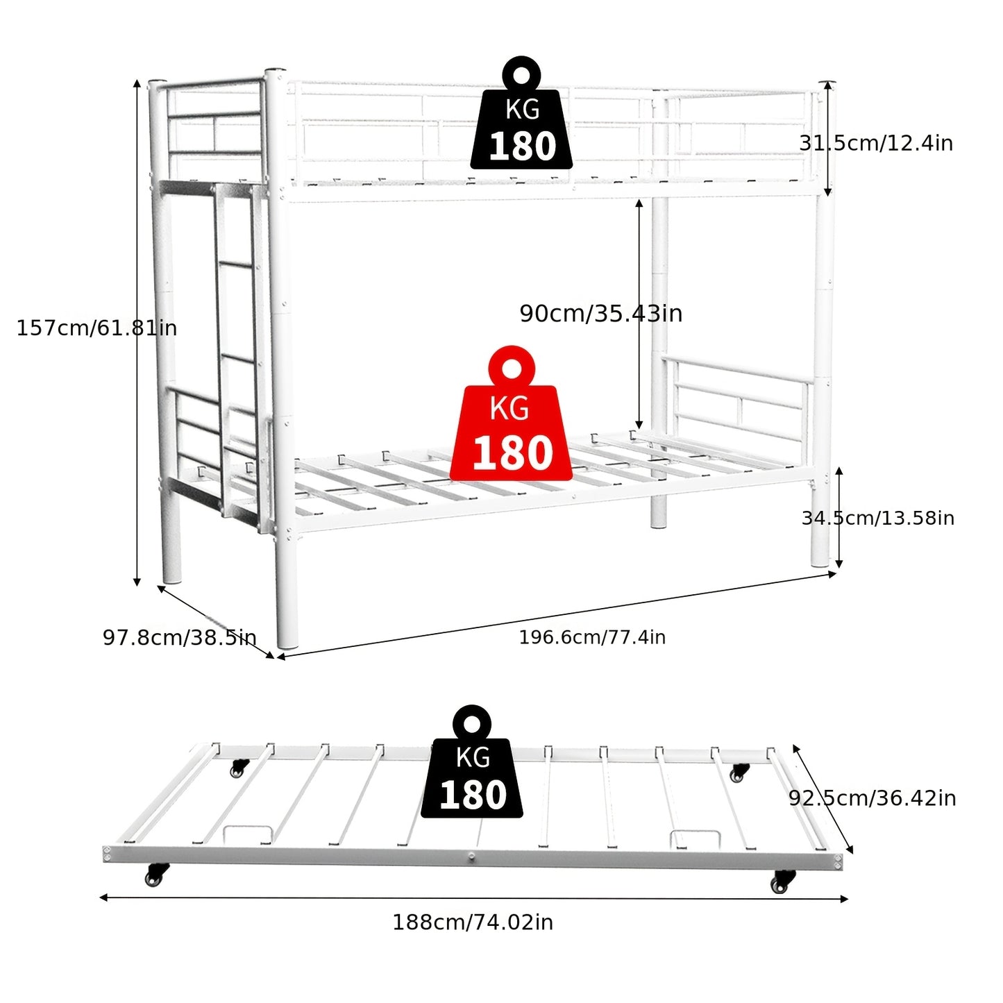 Hoogslaper – Stapelbed – Kinderbed – Metaalbed – Mezzaninebed – Stevig Metalen Frame – Veiligheidsrails Inclusief