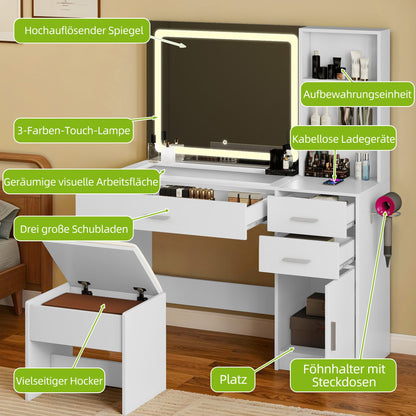 Kaptafel – Make-up Tafel – Cosmeticatafel – Opmaktafel – Meubel – LED Spiegel – 4 Lades – Ingebouwd Stopcontact – Wit – Moderne Stijl