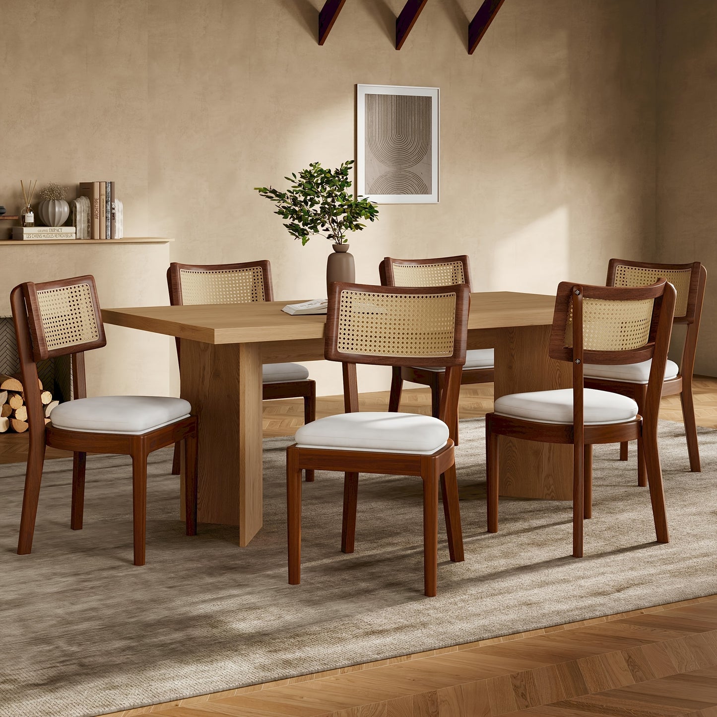 Eetkamerstoelen – Stoelen – Zitstoelen – Rattan Stoelen – Linnen Stoelen – Set van 2 – Gevlochten Rattan Rugleuning – Ademend en Comfortabel – Champagne Kleur