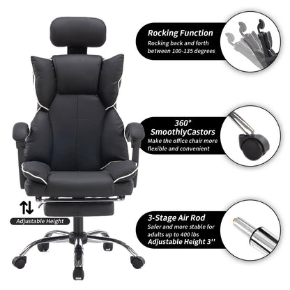 Bureaustoel – Office Chair – Gamestoel – Kantoorstoel – Draaistoel – Ergonomisch Hoog Rugontwerp – Met Uitschuifbare Voetensteun – Robuust Roestvrijstalen Frame – Zwart