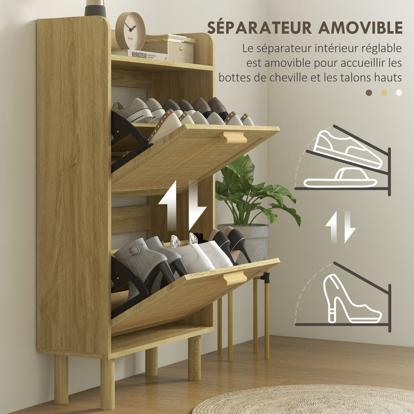 HOMCOM Shoe Rack 2-Door Cabinet 12 Pairs, Woven Rattan Effect Bohemian Design - Dimensions: 80L X 24.5W X 110H Cm Natural