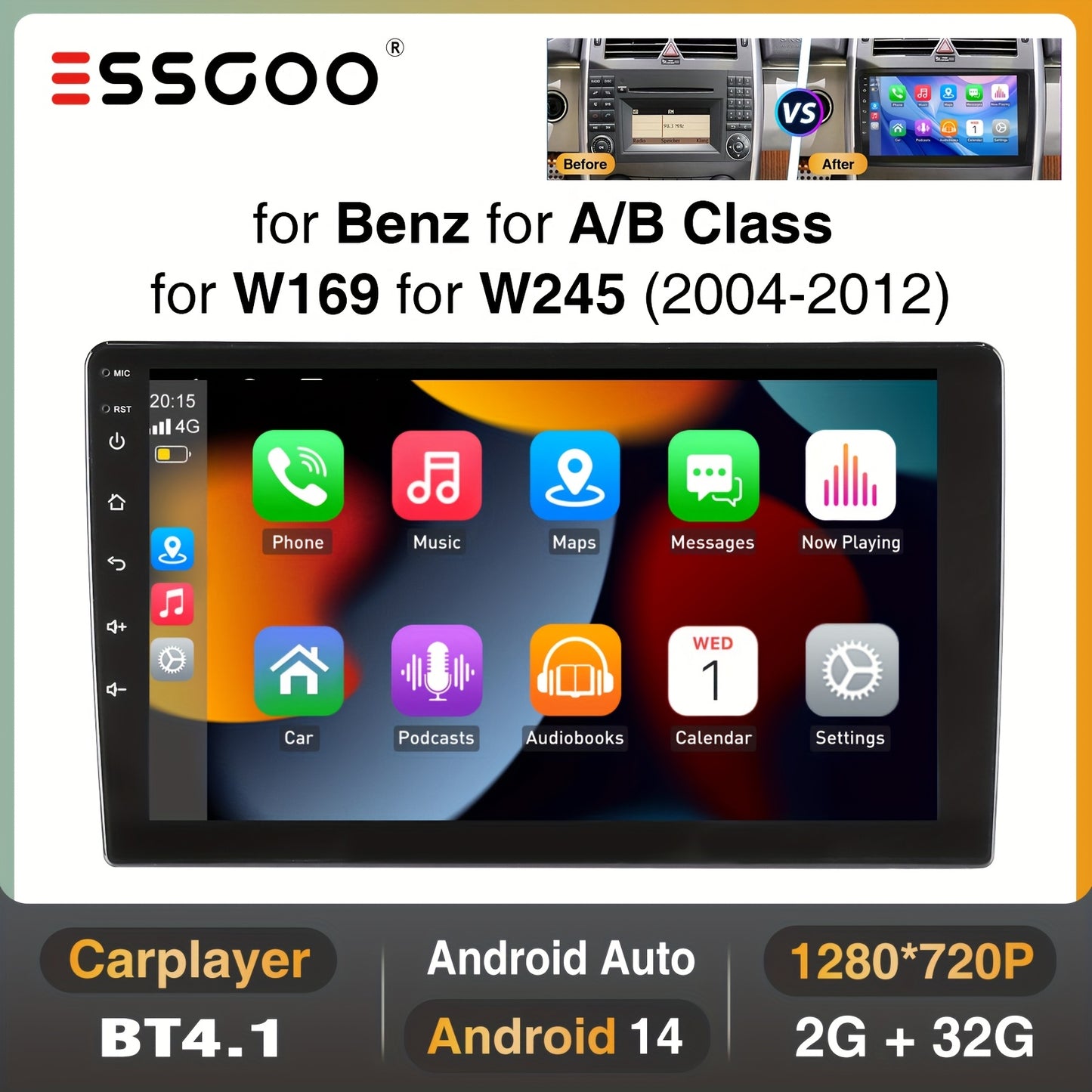14-Inch Android Auto Radio – Auto Multimedia Systeem – Autoradio Navigatie – Touchscreen Radio – Wireless CarPlay Android Auto – 9 Inch IPS Display – Steering Wheel Control