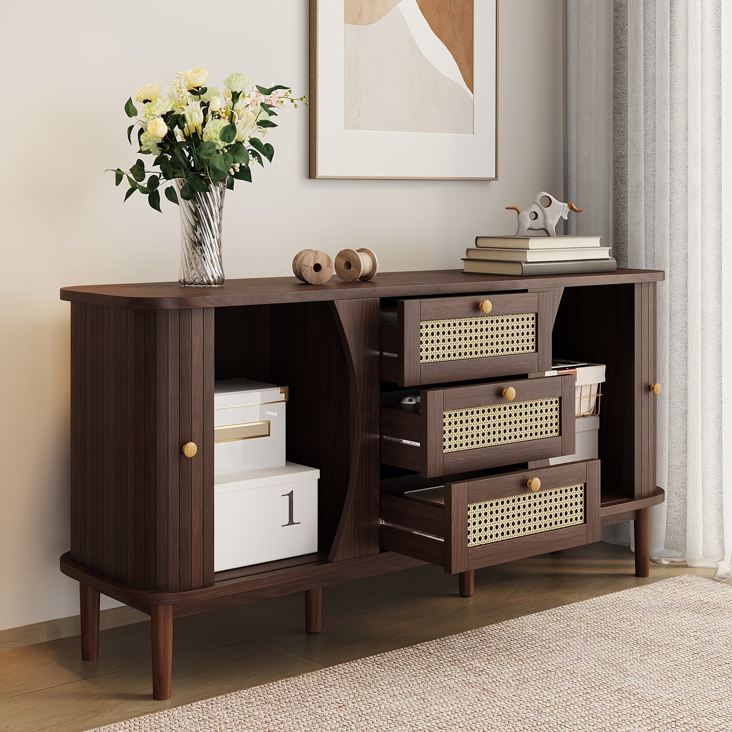 Dressoir – Sideboard – Opbergkast – Ladekast – Kast – Hardhout en Rotan – Schuifdeuren en Lades