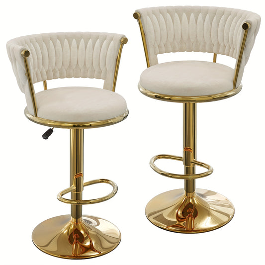 2pcs Luxury Velvet Bar Stools with Adjustable Height - Golden Metal Legs, Commercial Grade Design for Kitchen/Home Bar/Cafe - Durable And Space Saving (Easy to Clean)