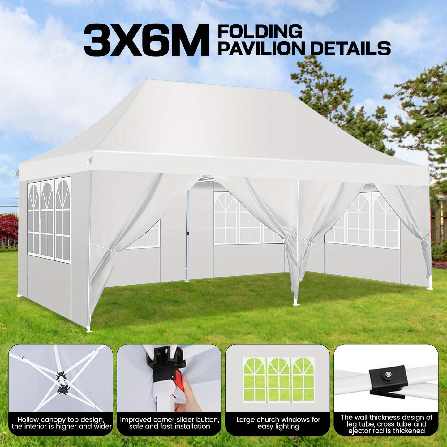 Buitenluifel – Partytent – Pop-up Tent – Tunneltent – Zonnescherm – 3x6 Meter – 4 Afneembare Zijwanden – Verstelbare Hoogtes