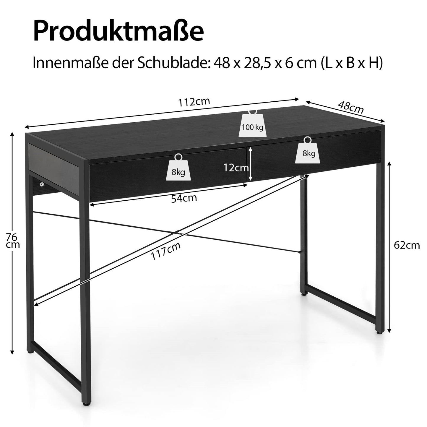 Bureau – Computerbureau – Bureautafel – Werkplek – Schrijftafel – Met 2 Lades – Industrieel Design – 112x48x76 cm – Metaal