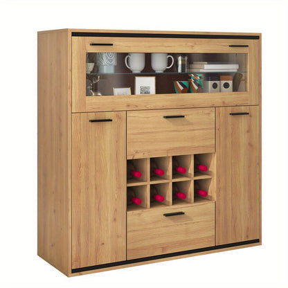 Dressoir – Opbergkast – Buffetkast – Ladekast – Kast – Rustiek Design – Dubbele Deuren & Wijnrek – 110x111x38 cm Natuurlijk