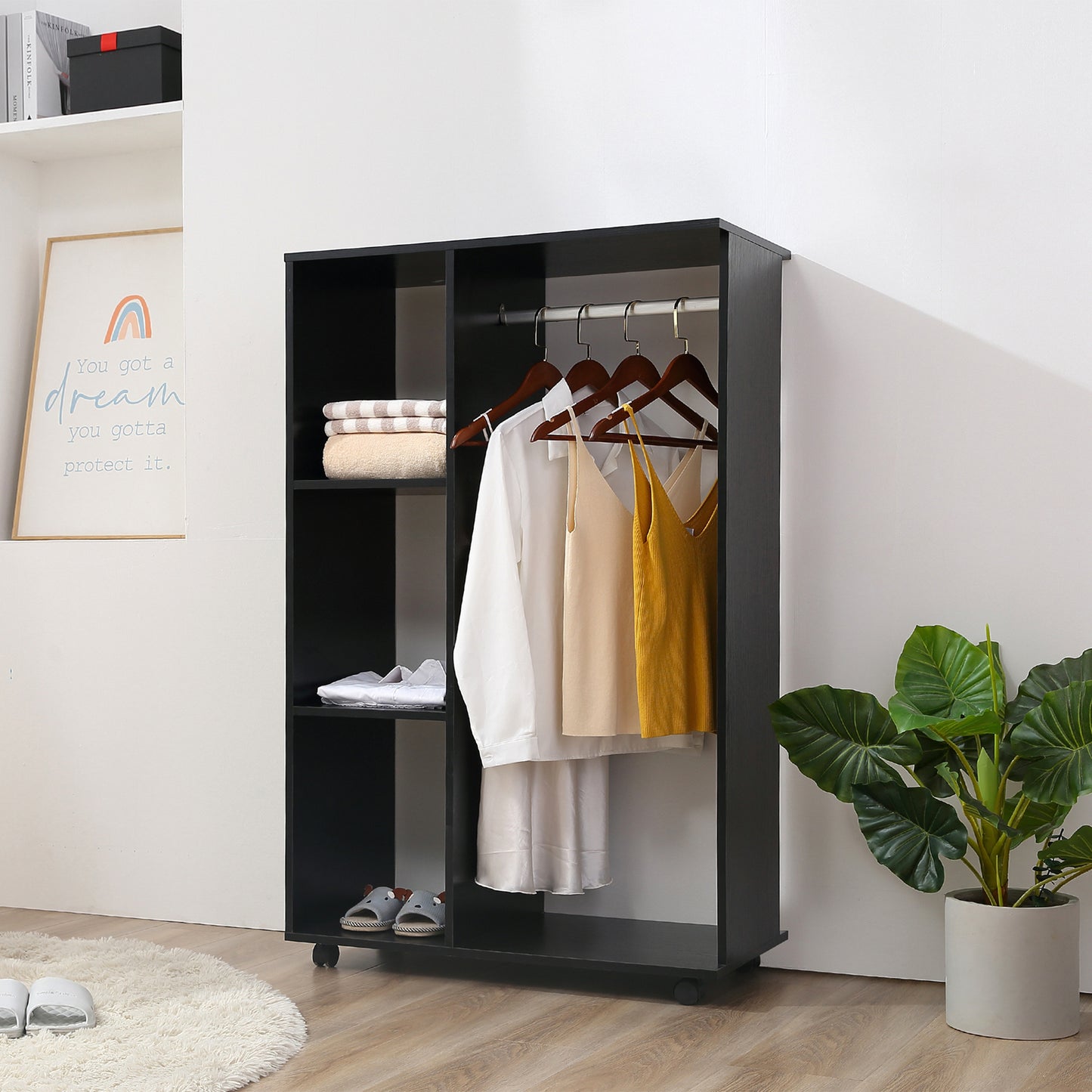 Open Kledingkast – Garderobekast – Kledingrek – Opbergkast – Mobiele Kast – Zwart – Compact 80x40x128 cm – Aluminium Roede & Wieltjes Met Rem