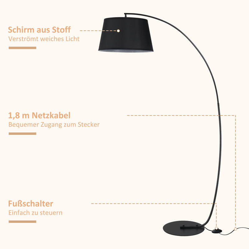 Modern Black Drum Lamp Shade with Curved Metal Frame & Fabric Shade - Floor/Desk Lamp Compatible, 105cm Height, 47cm Base, Durable Plastic Construction, Easy Installation for Living Room, Bedroom, Office - Decorative Lighting Fixture (Battery-Powere