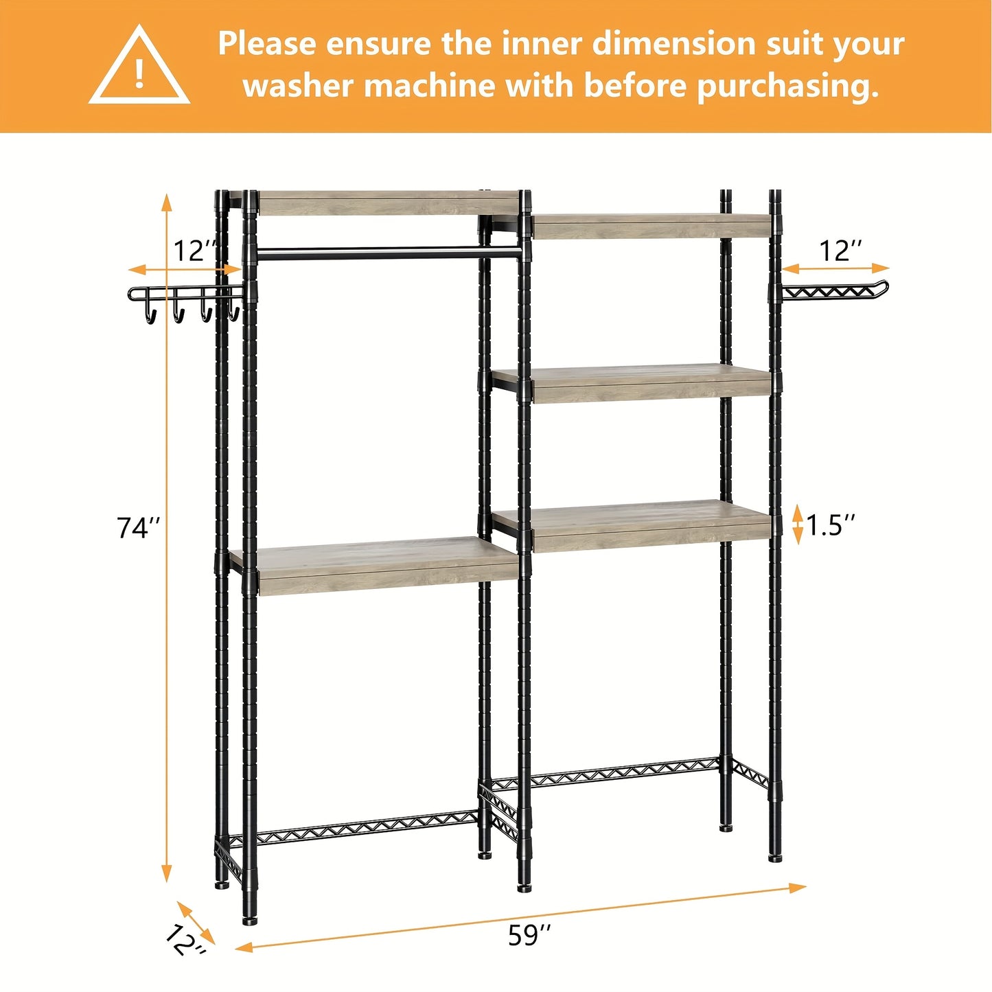 5-Tier Heavy-Duty Over-The-Washer & Dryer Storage Shelf with Drying Racks - Space-Saving Laundry Room Organizer, Freestanding Multi-Shelf Unit with Hanging Rods, Washer/Dryer Compatible Cabinet for Home (Easy Assembly)