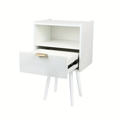 Nachtkastje – Bijzettafel – Sidetable – Bedtafel – Opbergkastje – Wit MDF Met Houten Poten – Lade En Open Vak – Compact 42x30x65 cm