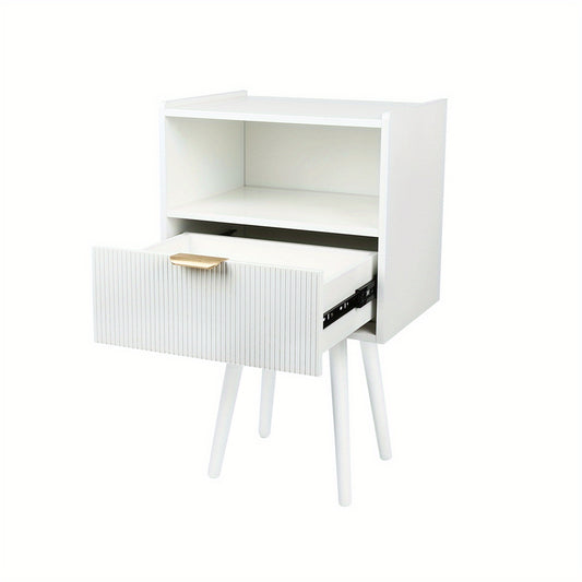 Nachtkastje – Bijzettafel – Sidetable – Bedtafel – Opbergkastje – Wit MDF Met Houten Poten – Lade En Open Vak – Compact 42x30x65 cm