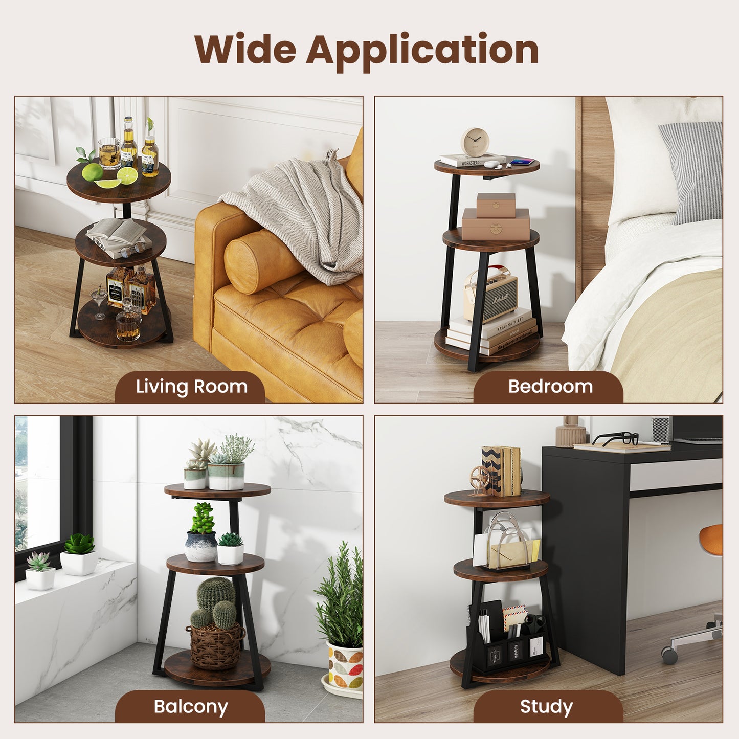 Ronde Bijzettafel – Salontafel – Tafeltje – Accenttafel – Industrieel Tafel – Verstelbare Voetjes – Robuust Metalen Frame – Compact Formaat
