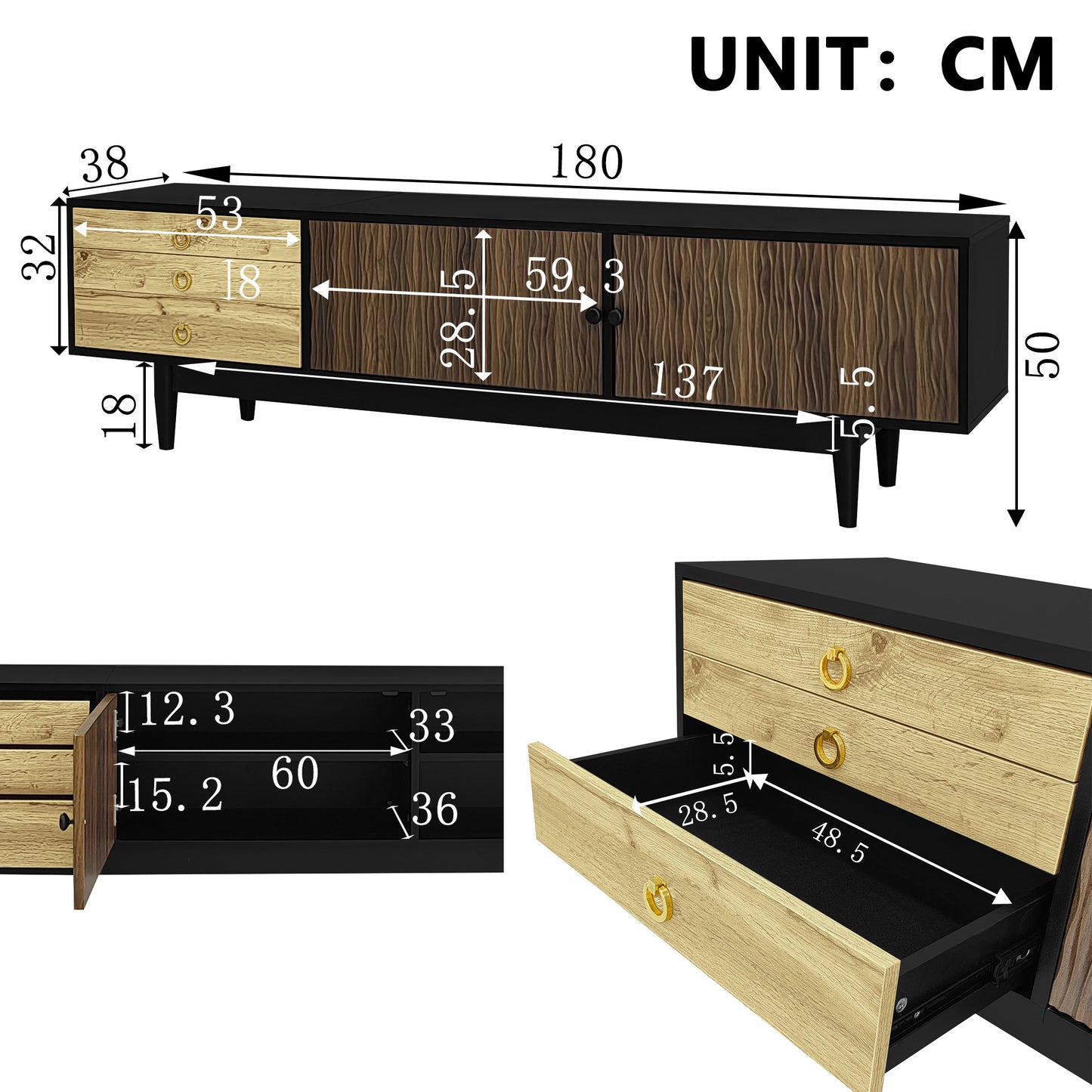 Tv-Kast – Tv-Meubel – Lowboard – Mediameubel – Tv-Dressoir – Zwart Met Houtlook – Golvend Design – 180x38x50 CM – Ruime Opbergruimte – Stevige Constructie