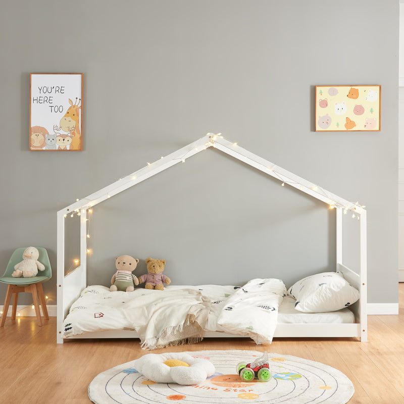 Huisbed – Kinderbed – Bedhuis – Speelbed – Bedhuisje – 90x200 cm – Stevig Dennenhouten Frame – Witte Natuurlijke Afwerking