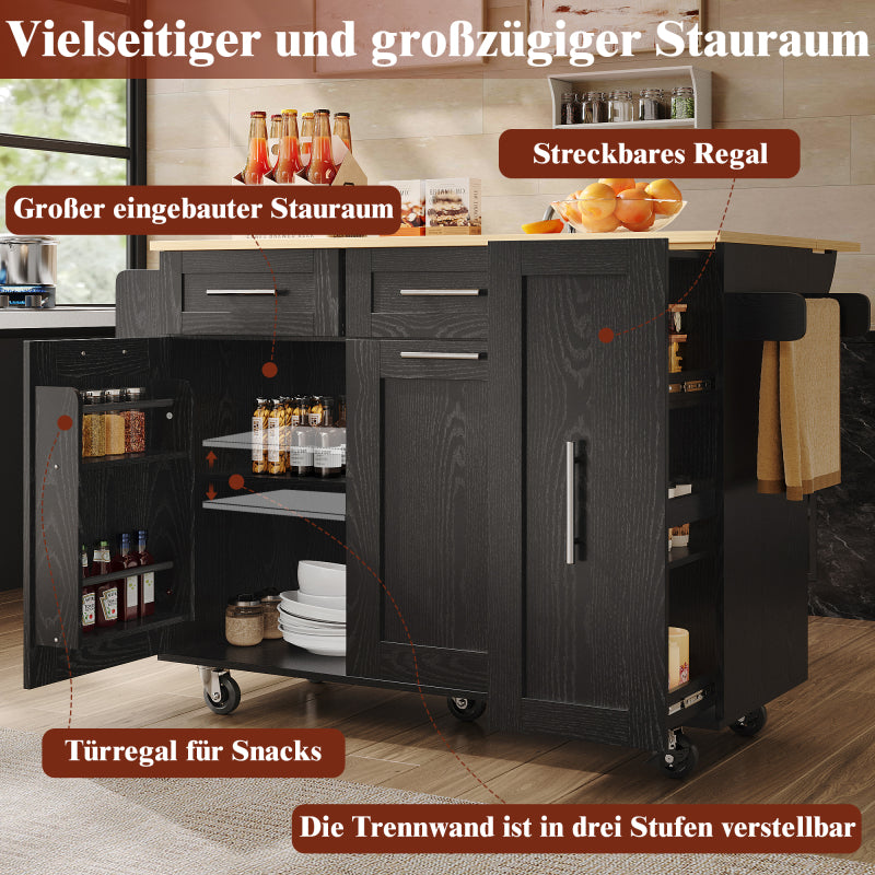 Modern Kitchen Island, Kitchen Cabinet, Buffet Cabinet, Dining Cart with Wood Veneer, Multifunctional Dining Table with Storage Space, Dining Cart with Snack Shelves And Stretch Function Cabinets, Black.