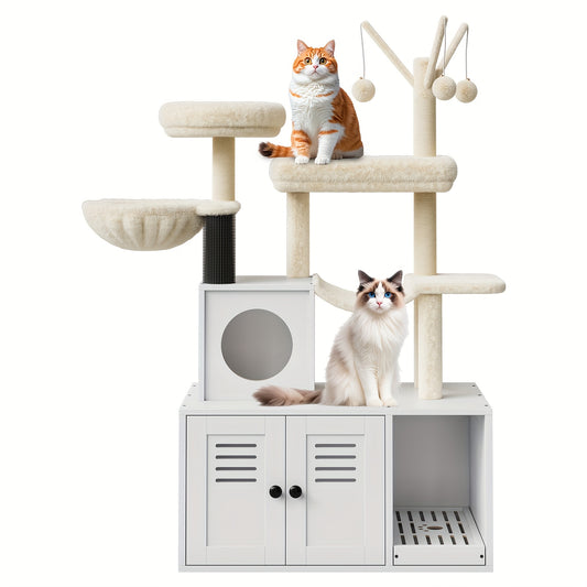 3-in-1 Kattenmeubel – Krabpaal – Kattenboom – Kattenhuis – Kattenmand – Verborgen Kattenbak – Zacht Pluche Bed – Compact Ruimtebesparend Design