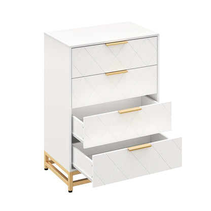 Kommode – Ladekast – Dressoir – Opbergkast – Ladekast Wit – 4 Lades – Gouden Metalen Poten – Anti-Kantel Veiligheid – Hardhout – Compact Design