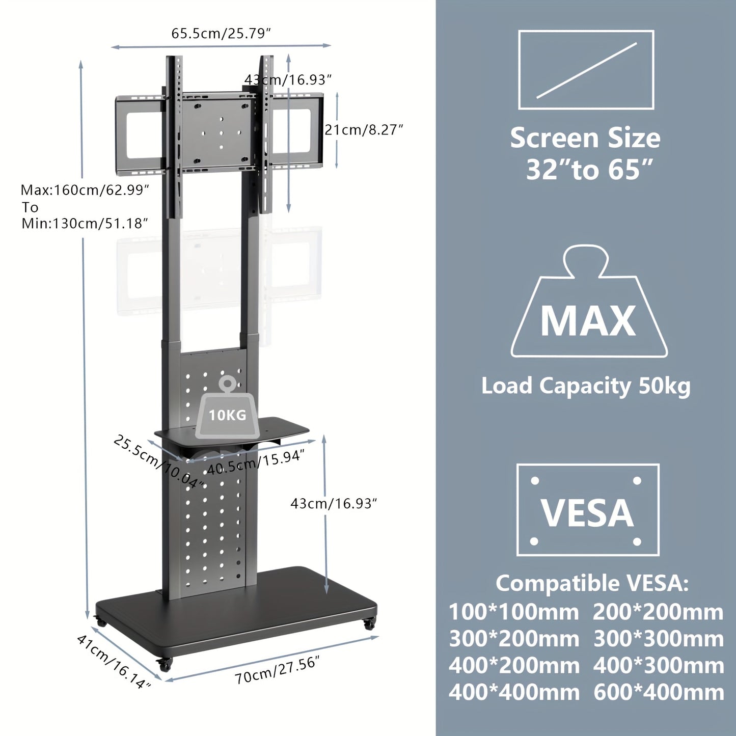 Verstelbare TV-Standaard – Voor 81-165 cm Schermen, Zwart – Stevig Metalen Vloermontage met Draaifunctie, Hoogteverstelling en Wieltjes