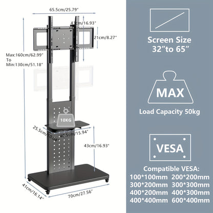 Verstelbare TV-Standaard – Voor 81-165 cm Schermen, Zwart – Stevig Metalen Vloermontage met Draaifunctie, Hoogteverstelling en Wieltjes