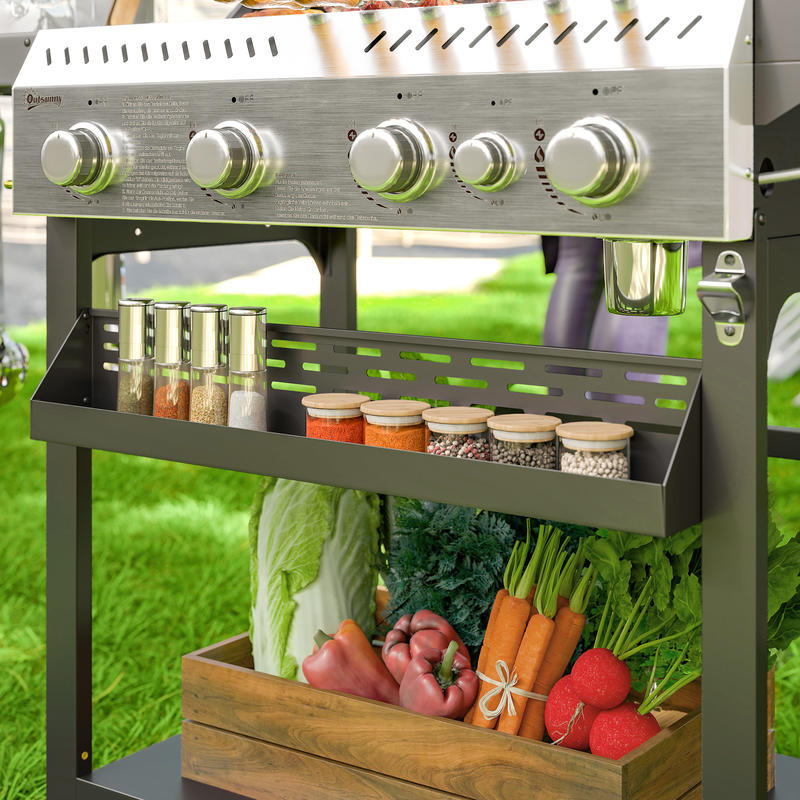 Gasbarbecue – Gas Grill – BBQ Grill – Buitenkeuken – Tafelbarbecue – 4 Hoofdbranders – Zijbrander Met Warmhoudplaat – 135x55x103 cm – Zwart