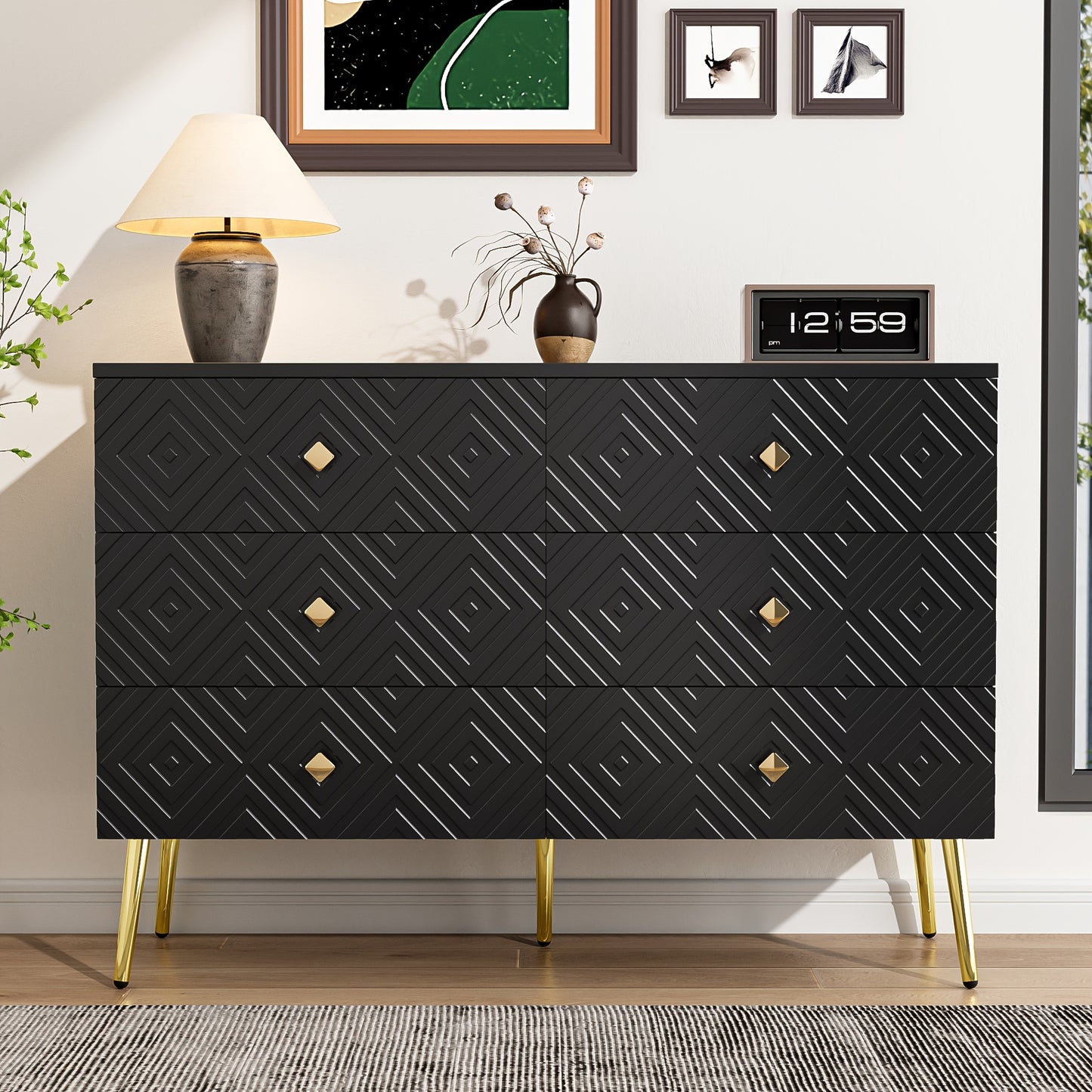 Ladekast – Ladenkast – Commode – Opbergkast – Dressoir – Zes Lades – Modern Ontwerp – 120x40x80 cm – Zwart Met Gouden Accenten – Metalen Poten – Stevig & Duurzaam