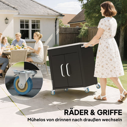 Keukentrolley – Serveerwagen – Werktafel – Barbecuewagen – Keukenwagen – Zwart – RVS Werkblad – Vier Wielen Mobiel