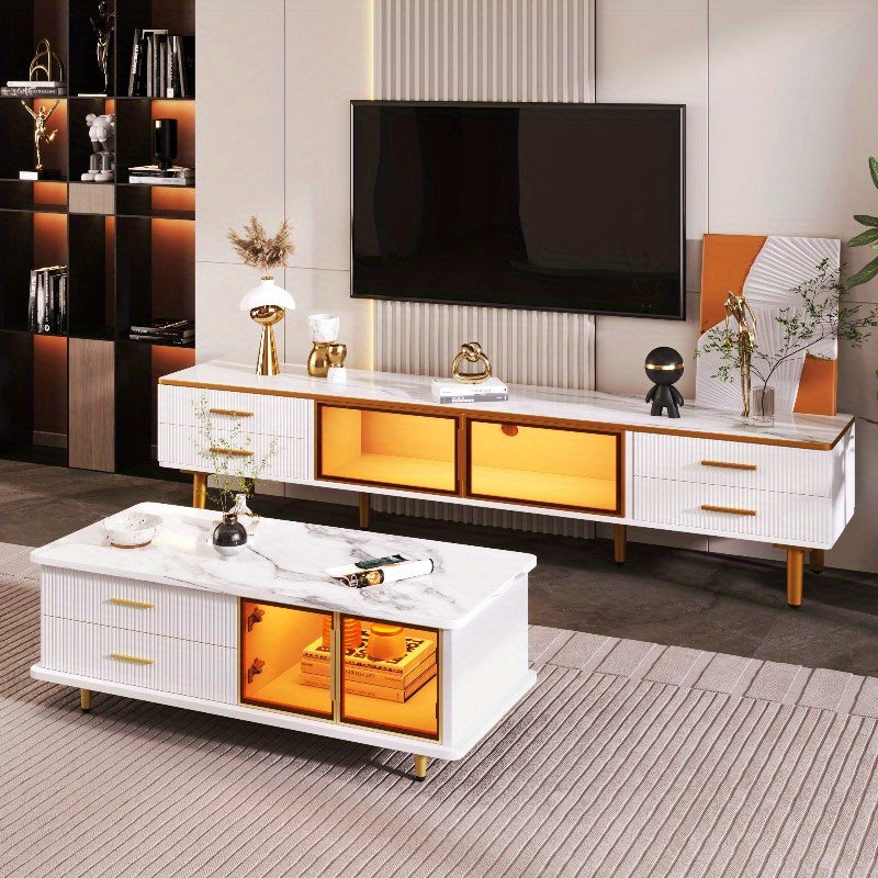 TV Meubel – Lowboard – Entertainmentkast – Sideboard – Dressoir – 4 Lades – Bruin Gehard Glas – 170 cm Hoogte – Marmerlook & Gouden Handvaten