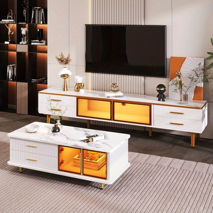 TV Meubel – Lowboard – Entertainmentkast – Sideboard – Dressoir – 4 Lades – Bruin Gehard Glas – 170 cm Hoogte – Marmerlook & Gouden Handvaten