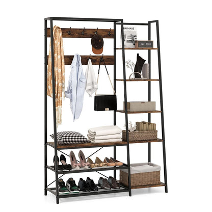 5-In-1 Schoenenrek – Schoenenbank – Kapstok – Opbergmeubel – Entree-Organizer – Stevig Metalen Frame – 9 Haken & 5 Planken – Zwart Met Houtkleur