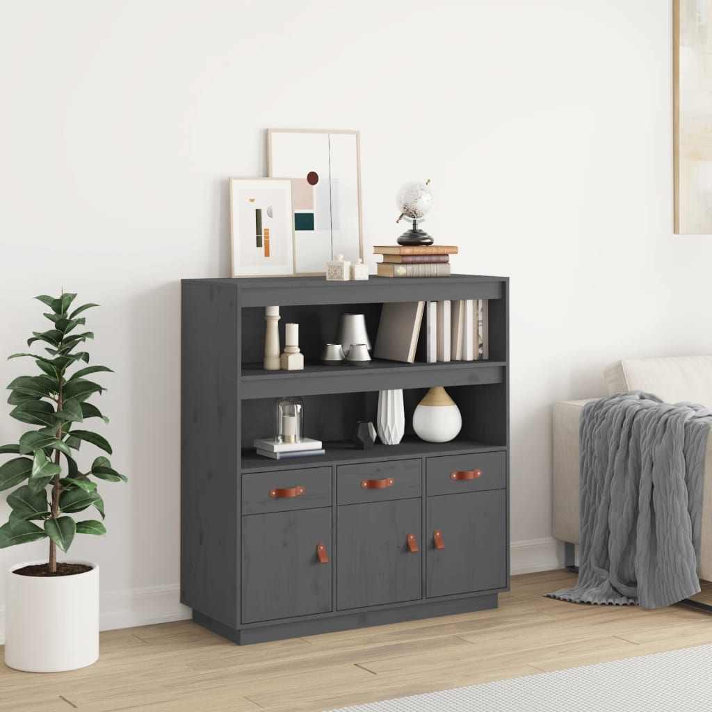 Hoogkast – Opbergkast – Dressoir – Kledingkast – Vitrinekast – Massief Dennenhout – 3 Deuren & 3 Laden – Grijs Afgelakt